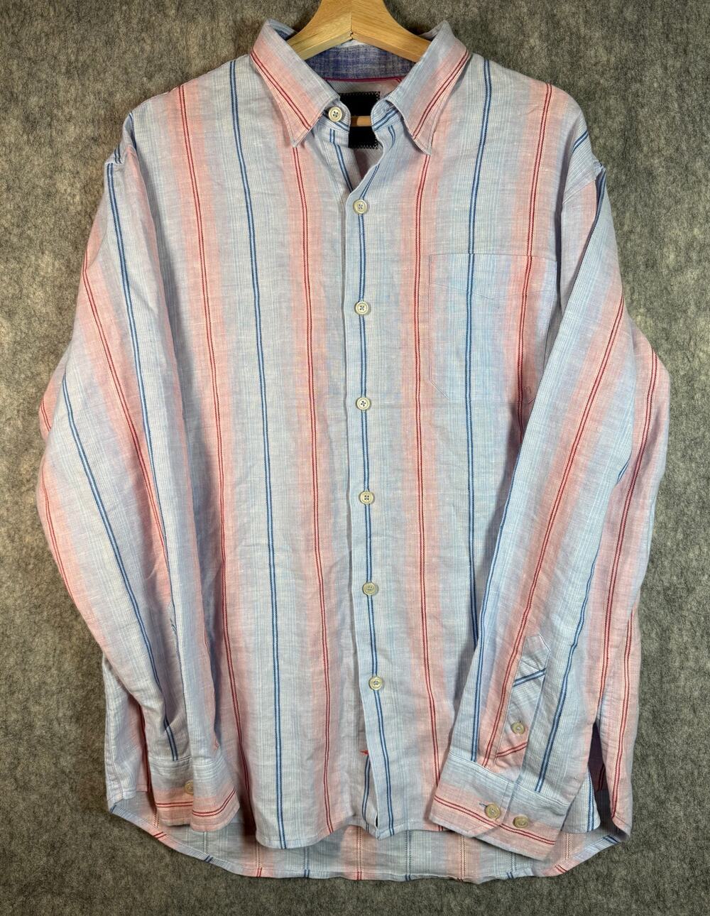 Tommy Bahama Mens Linen Blend XL Pink Blue Stripe Long Sleeve Button Up